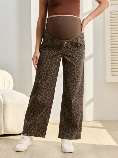 Adjustable Waist Leopard Print Loose Fit Maternity Jeans