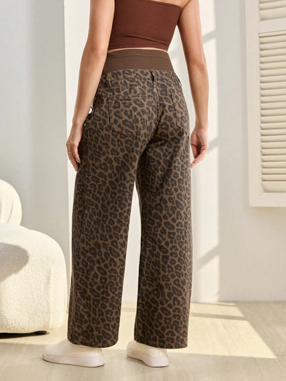Adjustable Waist Leopard Print Loose Fit Maternity Jeans
