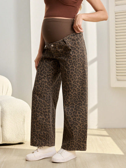 Adjustable Waist Leopard Print Loose Fit Maternity Jeans