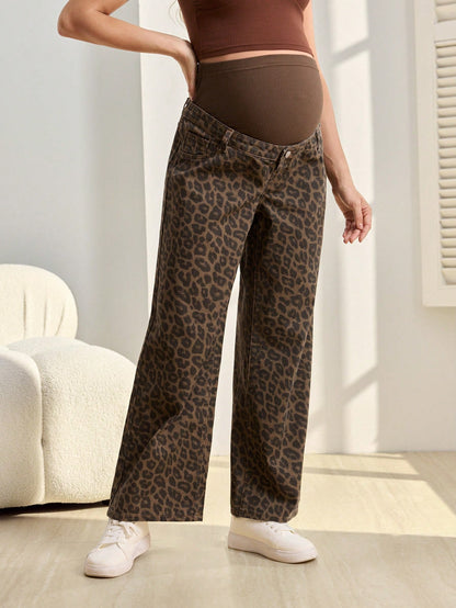 Adjustable Waist Leopard Print Loose Fit Maternity Jeans