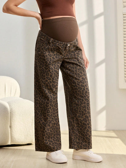 Adjustable Waist Leopard Print Loose Fit Maternity Jeans
