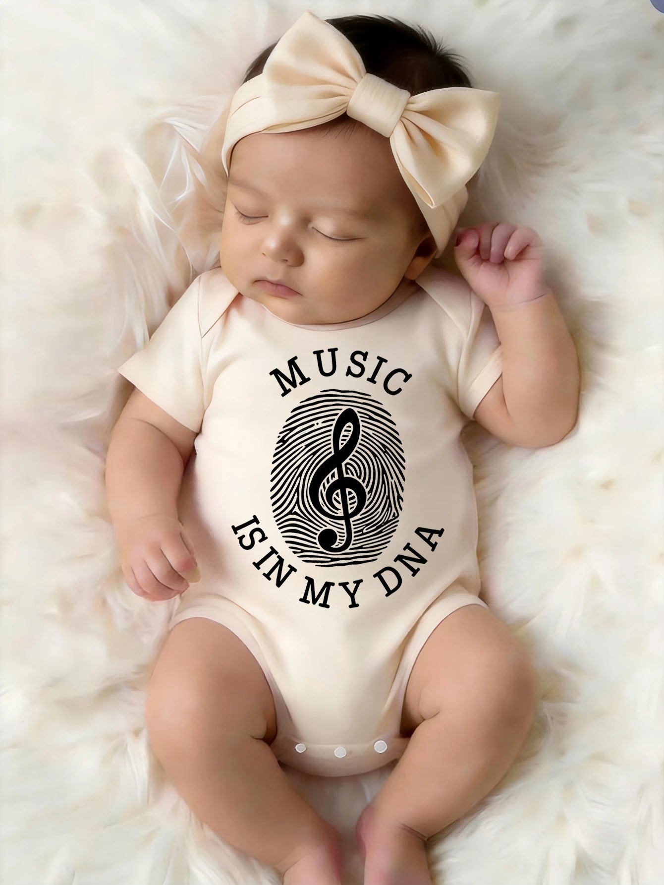 Adorable Cute Baby Infant Music In My DNA Treble Clef Symbol Fingerprint Graphic Print Short Sleeve Round Neck Bodysuit Summer Holiday Daily Wear Top