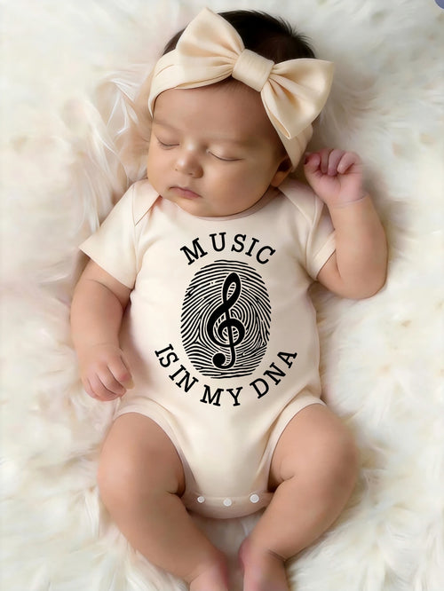 Adorable Cute Baby Infant Music In My DNA Treble Clef Symbol Fingerprint Graphic Print Short Sleeve Round Neck Bodysuit Summer Holiday Daily Wear Top