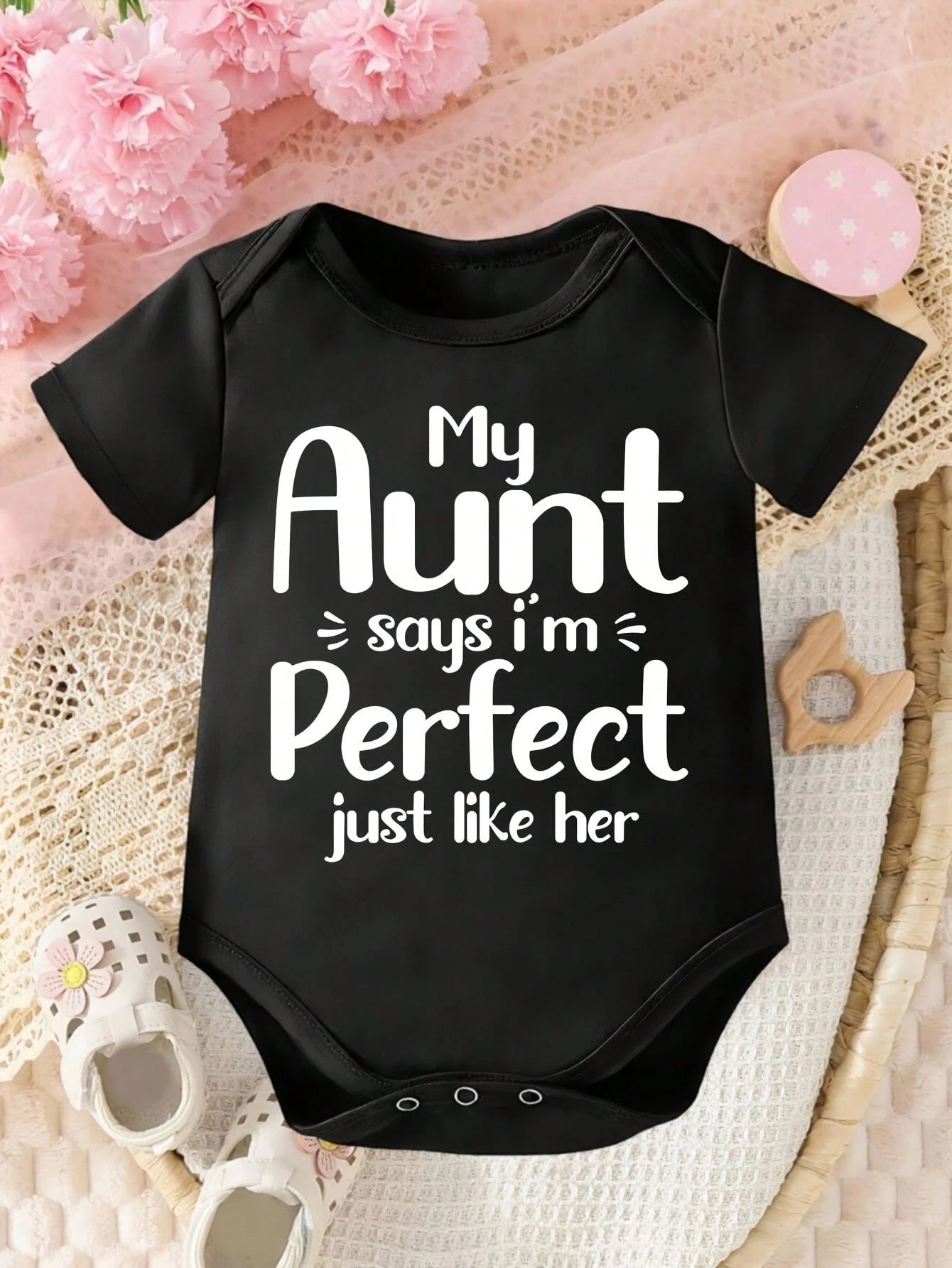 Adorable Cute Toddler Infant Baby Girls My Aunt Says I'm Perfect Just Like Her Letter Graphic Print Short Sleeve Crew Round Neck Bodysuit Daily Wear
