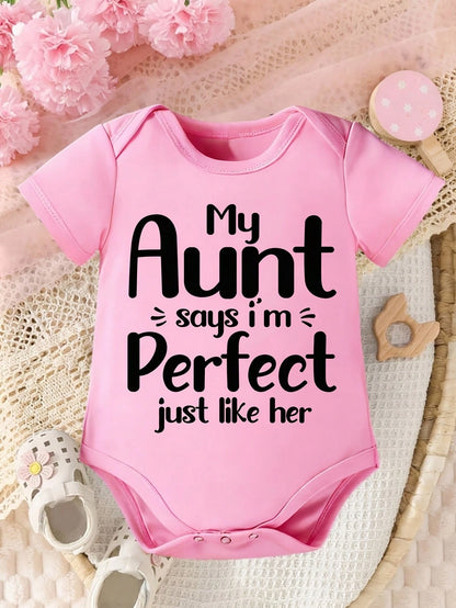 Adorable Cute Toddler Infant Baby Girls My Aunt Says I'm Perfect Just Like Her Letter Graphic Print Short Sleeve Crew Round Neck Bodysuit Daily Wear