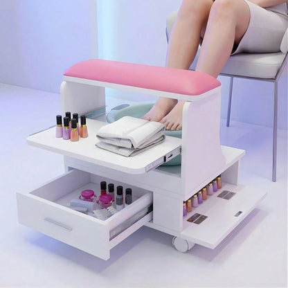 Advwin Pedicure Foot Rest Stool With Soft PU Cushion, Pull-Out Tray, Drawer, Side Cabinet & Lockable Wheels, Rolling Spa Foot Care Station For Salon, Nail Tech, Massage & Home Use (White&Pink)