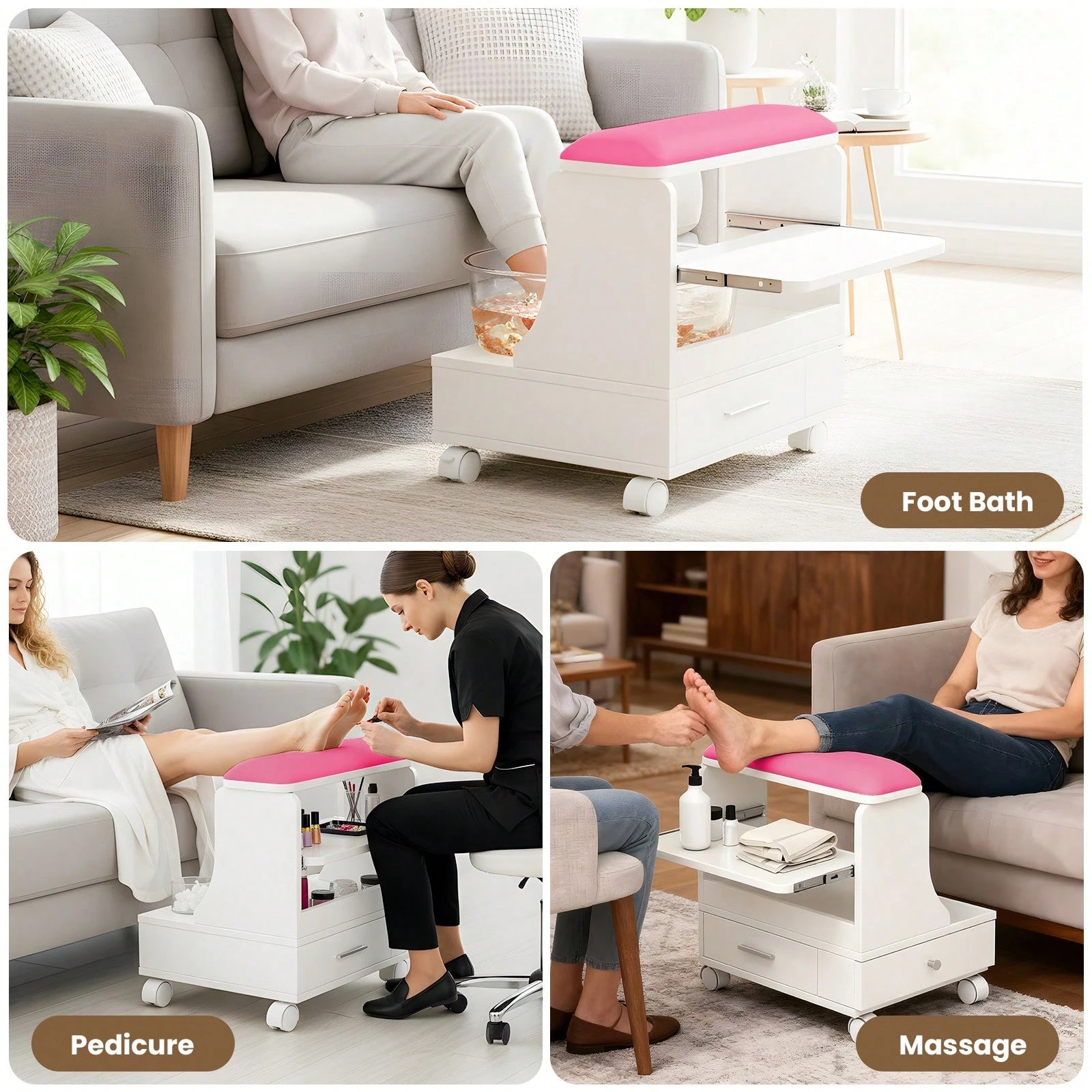 Advwin Pedicure Foot Rest Stool With Soft PU Cushion, Pull-Out Tray, Drawer, Side Cabinet & Lockable Wheels, Rolling Spa Foot Care Station For Salon, Nail Tech, Massage & Home Use (White&Pink)