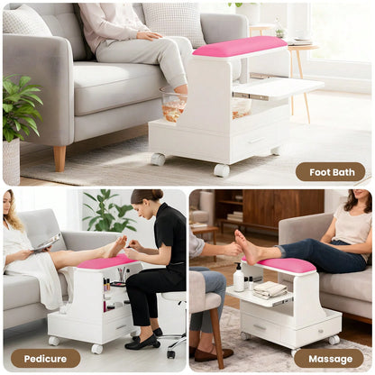 Advwin Pedicure Foot Rest Stool With Soft PU Cushion, Pull-Out Tray, Drawer, Side Cabinet & Lockable Wheels, Rolling Spa Foot Care Station For Salon, Nail Tech, Massage & Home Use (White&Pink)