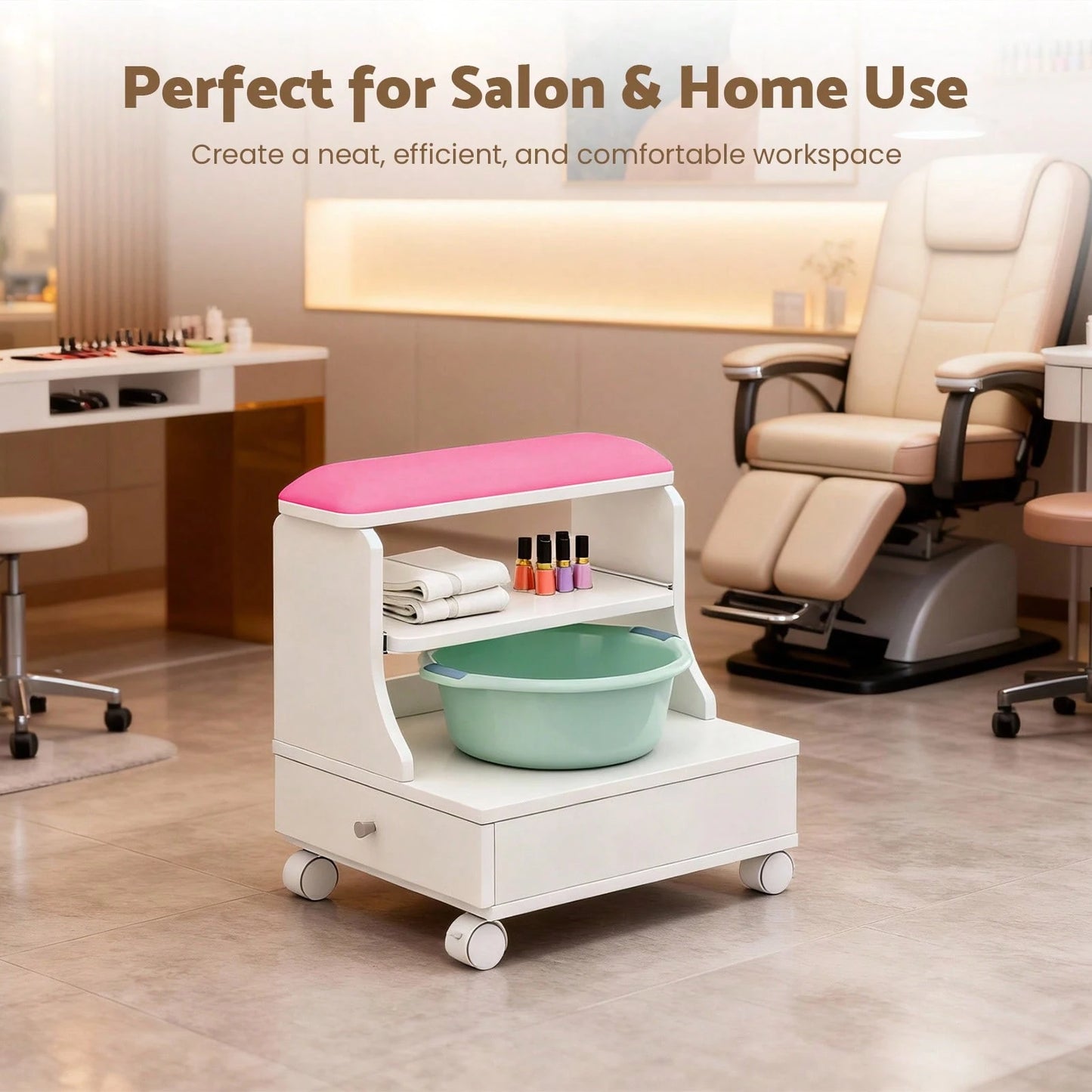Advwin Pedicure Foot Rest Stool With Soft PU Cushion, Pull-Out Tray, Drawer, Side Cabinet & Lockable Wheels, Rolling Spa Foot Care Station For Salon, Nail Tech, Massage & Home Use (White&Pink)