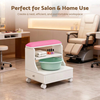 Advwin Pedicure Foot Rest Stool With Soft PU Cushion, Pull-Out Tray, Drawer, Side Cabinet & Lockable Wheels, Rolling Spa Foot Care Station For Salon, Nail Tech, Massage & Home Use (White&Pink)