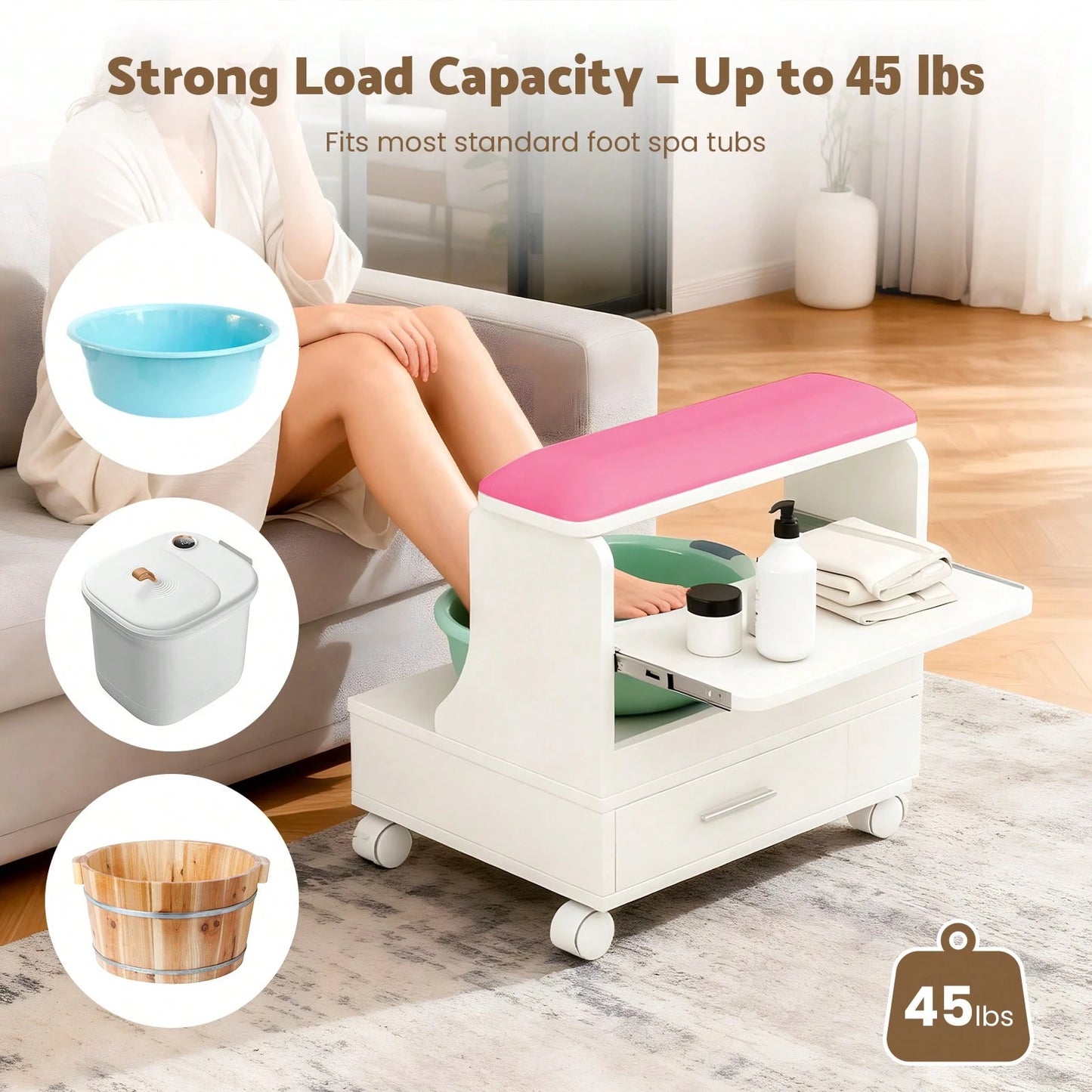 Advwin Pedicure Foot Rest Stool With Soft PU Cushion, Pull-Out Tray, Drawer, Side Cabinet & Lockable Wheels, Rolling Spa Foot Care Station For Salon, Nail Tech, Massage & Home Use (White&Pink)