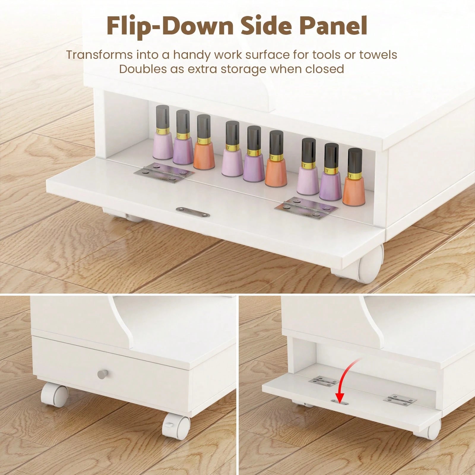 Advwin Pedicure Foot Rest Stool With Soft PU Cushion, Pull-Out Tray, Drawer, Side Cabinet & Lockable Wheels, Rolling Spa Foot Care Station For Salon, Nail Tech, Massage & Home Use (White&Pink)
