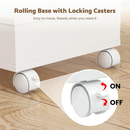Advwin Pedicure Foot Rest Stool With Soft PU Cushion, Pull-Out Tray, Drawer, Side Cabinet & Lockable Wheels, Rolling Spa Foot Care Station For Salon, Nail Tech, Massage & Home Use (White&Pink)