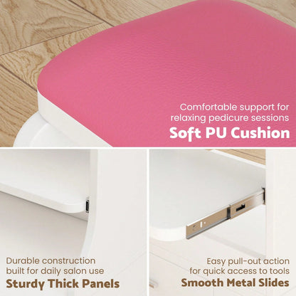 Advwin Pedicure Foot Rest Stool With Soft PU Cushion, Pull-Out Tray, Drawer, Side Cabinet & Lockable Wheels, Rolling Spa Foot Care Station For Salon, Nail Tech, Massage & Home Use (White&Pink)