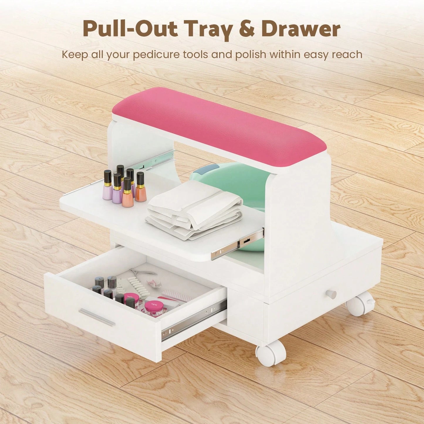 Advwin Pedicure Foot Rest Stool With Soft PU Cushion, Pull-Out Tray, Drawer, Side Cabinet & Lockable Wheels, Rolling Spa Foot Care Station For Salon, Nail Tech, Massage & Home Use (White&Pink)