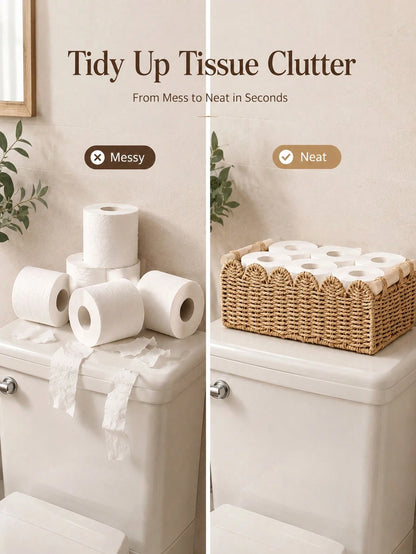 Aesthetic Woven Storage Basket With Scalloped Edge And Wooden Handles Thick Desktop Organizer Bin For Women And Men Versatile Toilet Paper Holder Perfect For Living Room Fruits Or Bathroom Storage Dec