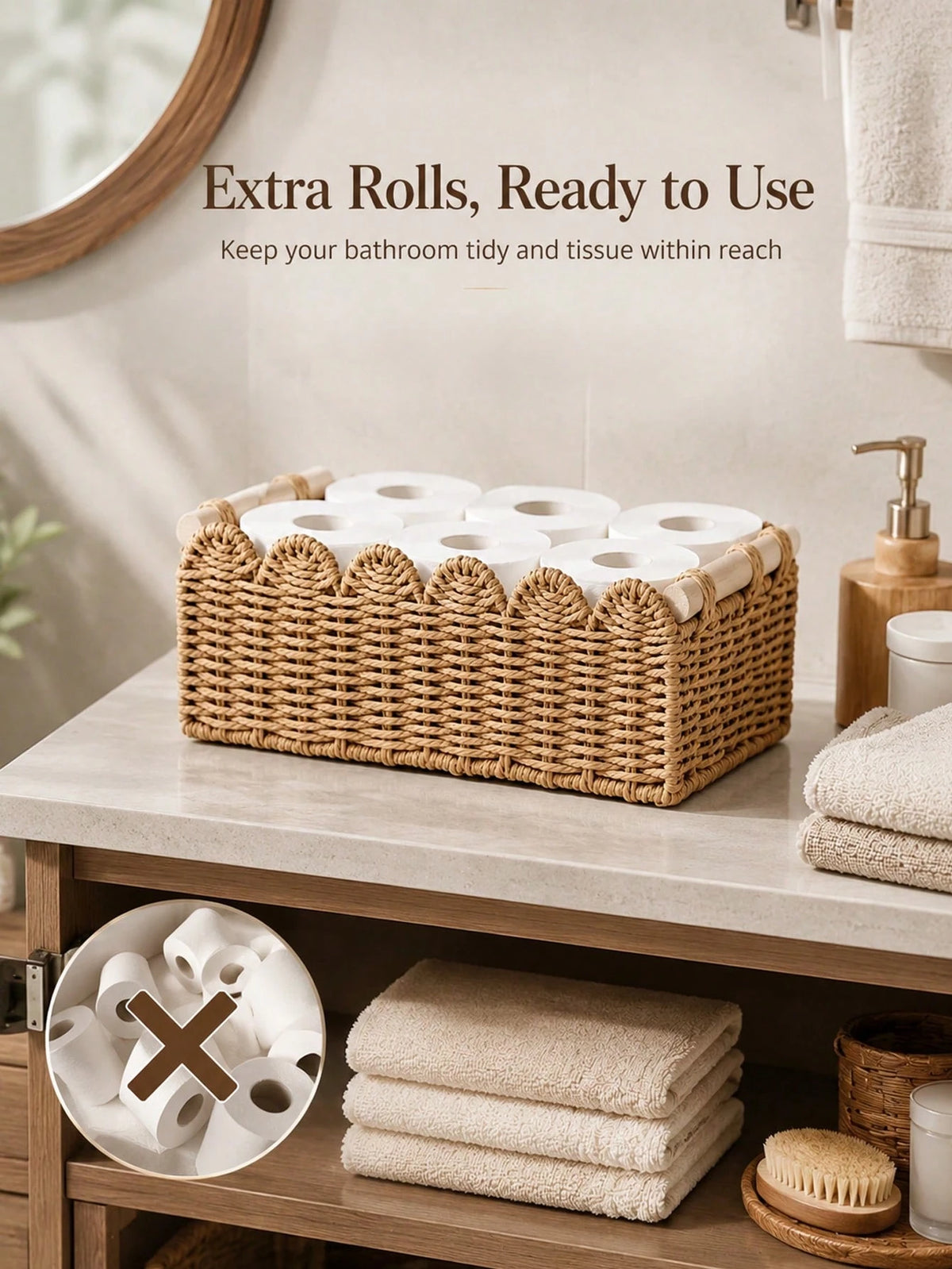 Aesthetic Woven Storage Basket With Scalloped Edge And Wooden Handles Thick Desktop Organizer Bin For Women And Men Versatile Toilet Paper Holder Perfect For Living Room Fruits Or Bathroom Storage Dec