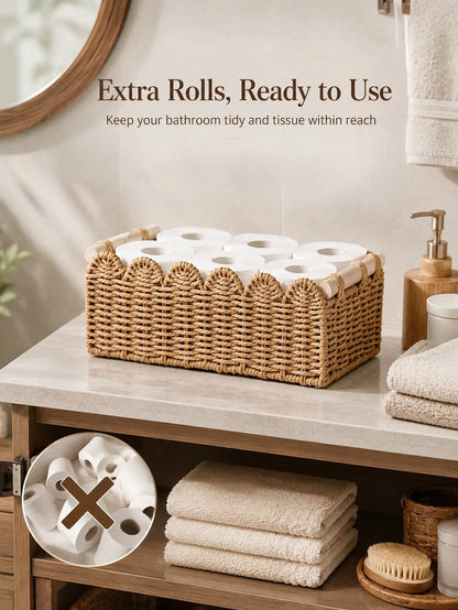 Aesthetic Woven Storage Basket With Scalloped Edge And Wooden Handles Thick Desktop Organizer Bin For Women And Men Versatile Toilet Paper Holder Perfect For Living Room Fruits Or Bathroom Storage Dec