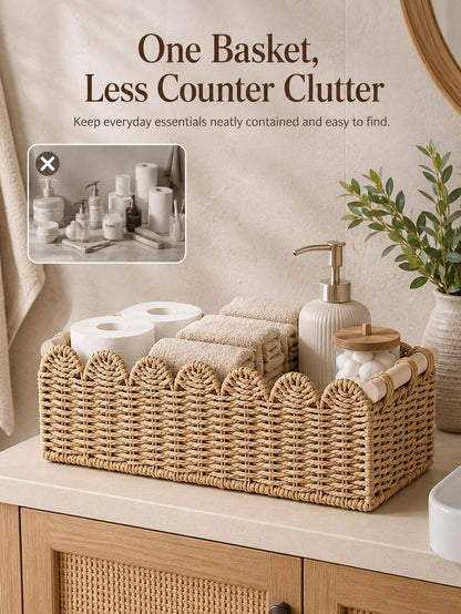 Aesthetic Woven Storage Basket With Scalloped Edge And Wooden Handles Thick Desktop Organizer Bin For Women And Men Versatile Toilet Paper Holder Perfect For Living Room Fruits Or Bathroom Storage Dec