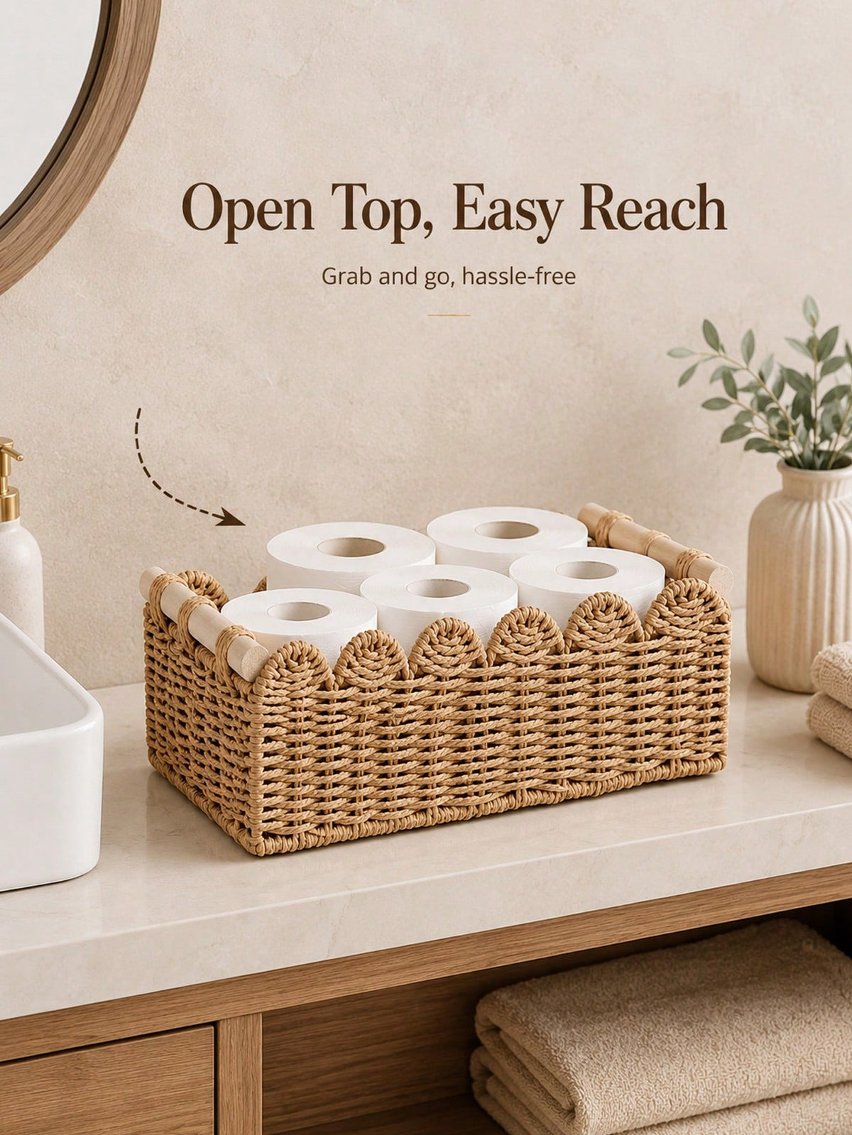 Aesthetic Woven Storage Basket With Scalloped Edge And Wooden Handles Thick Desktop Organizer Bin For Women And Men Versatile Toilet Paper Holder Perfect For Living Room Fruits Or Bathroom Storage Dec