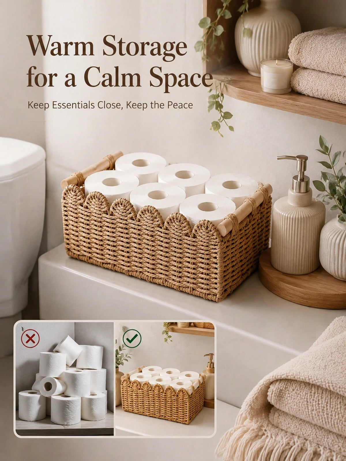 Aesthetic Woven Storage Basket With Scalloped Edge And Wooden Handles Thick Desktop Organizer Bin For Women And Men Versatile Toilet Paper Holder Perfect For Living Room Fruits Or Bathroom Storage Dec