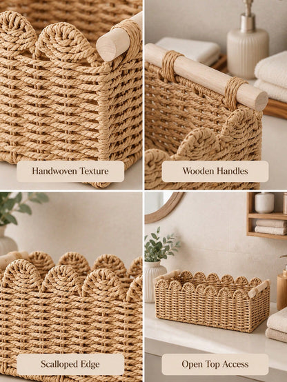 Aesthetic Woven Storage Basket With Scalloped Edge And Wooden Handles Thick Desktop Organizer Bin For Women And Men Versatile Toilet Paper Holder Perfect For Living Room Fruits Or Bathroom Storage Dec