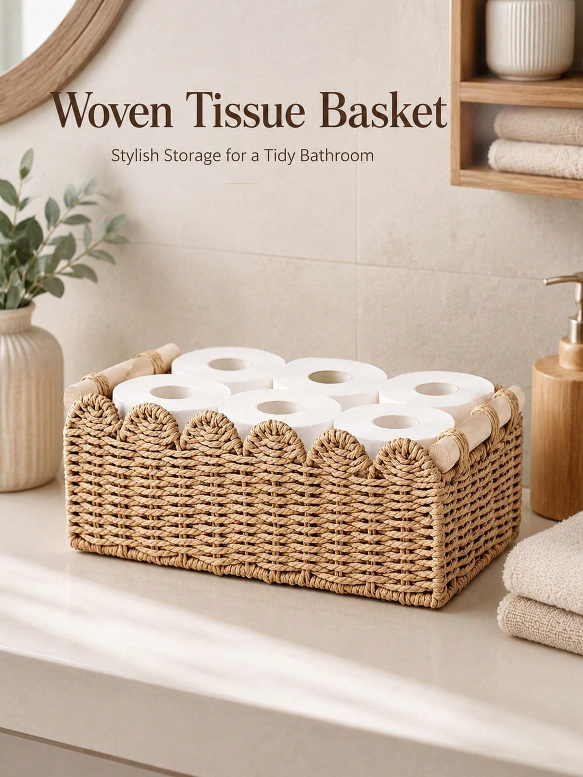 Aesthetic Woven Storage Basket With Scalloped Edge And Wooden Handles Thick Desktop Organizer Bin For Women And Men Versatile Toilet Paper Holder Perfect For Living Room Fruits Or Bathroom Storage Dec