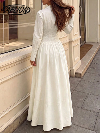 Aflion Women's V-Neck Half-Slit Button Long Sleeve Shirt Dress, Fashionable Elegant Minimalist Retro Beige Dress, Suitable For Dates, Gatherings