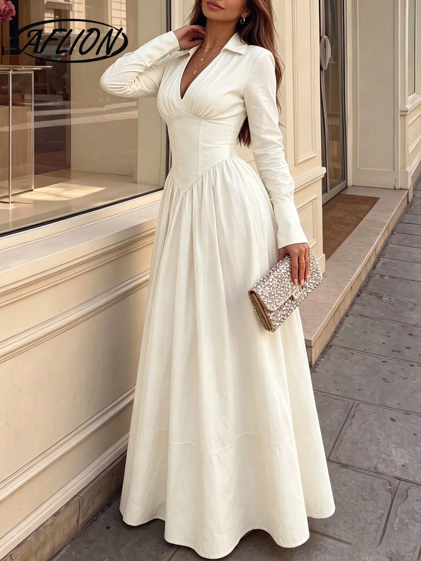 Aflion Women's V-Neck Half-Slit Button Long Sleeve Shirt Dress, Fashionable Elegant Minimalist Retro Beige Dress, Suitable For Dates, Gatherings