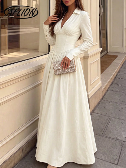 Aflion Women's V-Neck Half-Slit Button Long Sleeve Shirt Dress, Fashionable Elegant Minimalist Retro Beige Dress, Suitable For Dates, Gatherings