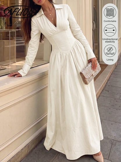 Aflion Women's V-Neck Half-Slit Button Long Sleeve Shirt Dress, Fashionable Elegant Minimalist Retro Beige Dress, Suitable For Dates, Gatherings