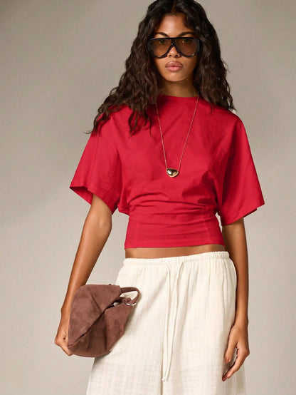 AiiRZ Ruched Cinched Crop T-Shirt With Flutter Sleeves And Fitted Waist For Summer Casual Everyday Wear