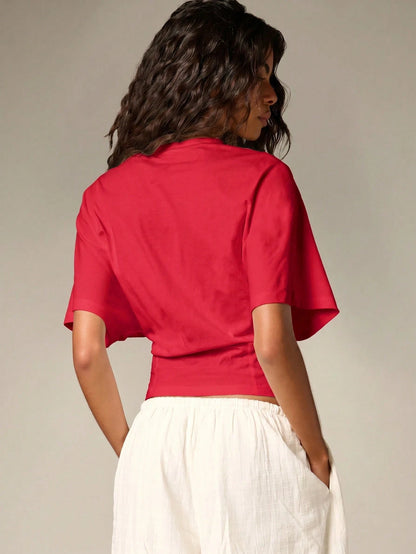 AiiRZ Ruched Cinched Crop T-Shirt With Flutter Sleeves And Fitted Waist For Summer Casual Everyday Wear