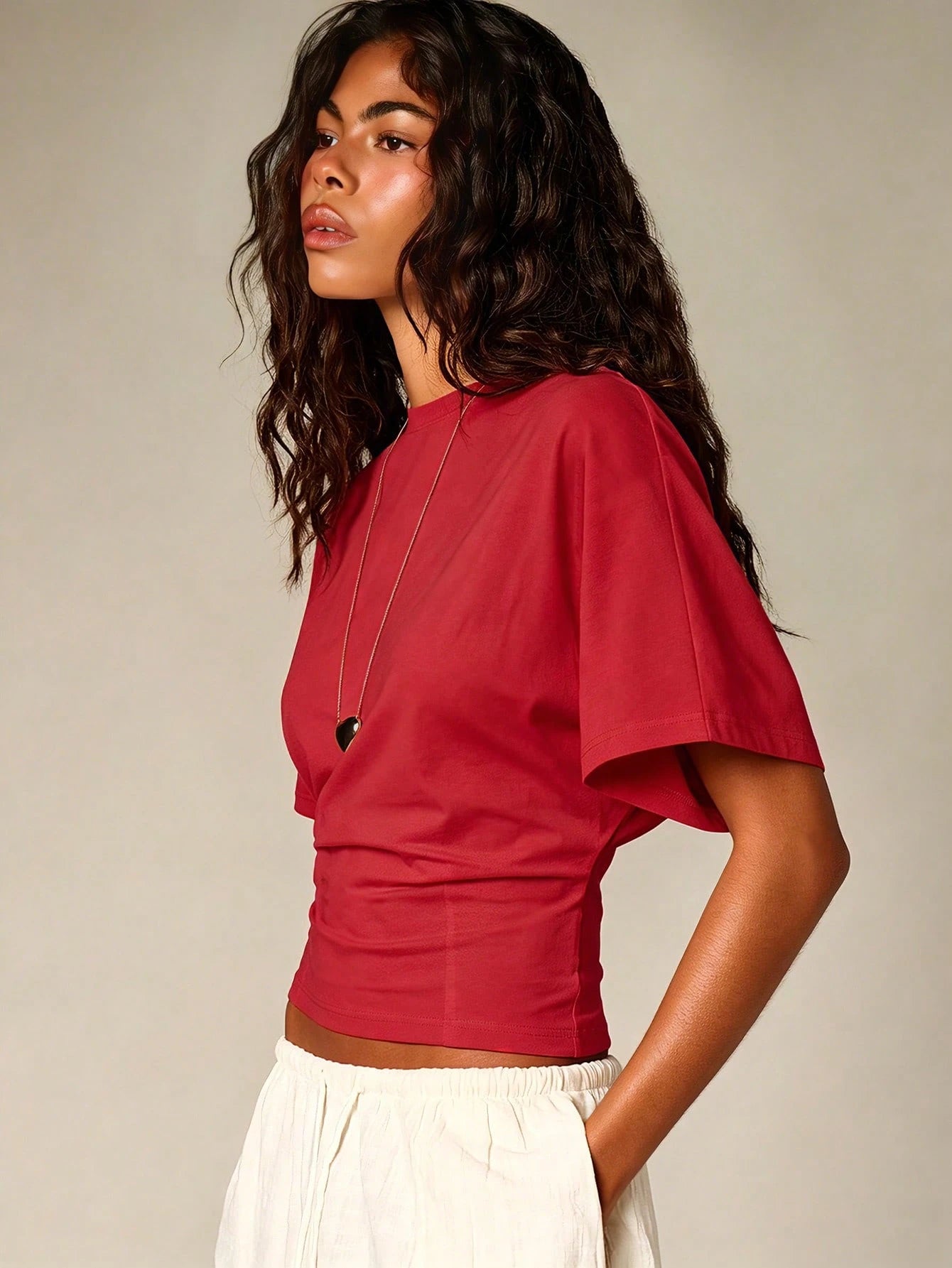 AiiRZ Ruched Cinched Crop T-Shirt With Flutter Sleeves And Fitted Waist For Summer Casual Everyday Wear