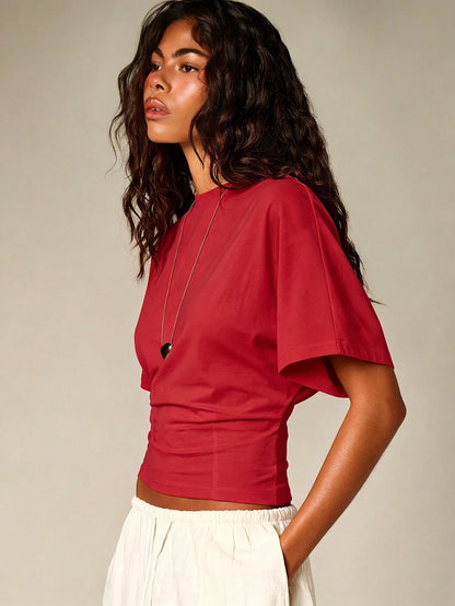 AiiRZ Ruched Cinched Crop T-Shirt With Flutter Sleeves And Fitted Waist For Summer Casual Everyday Wear