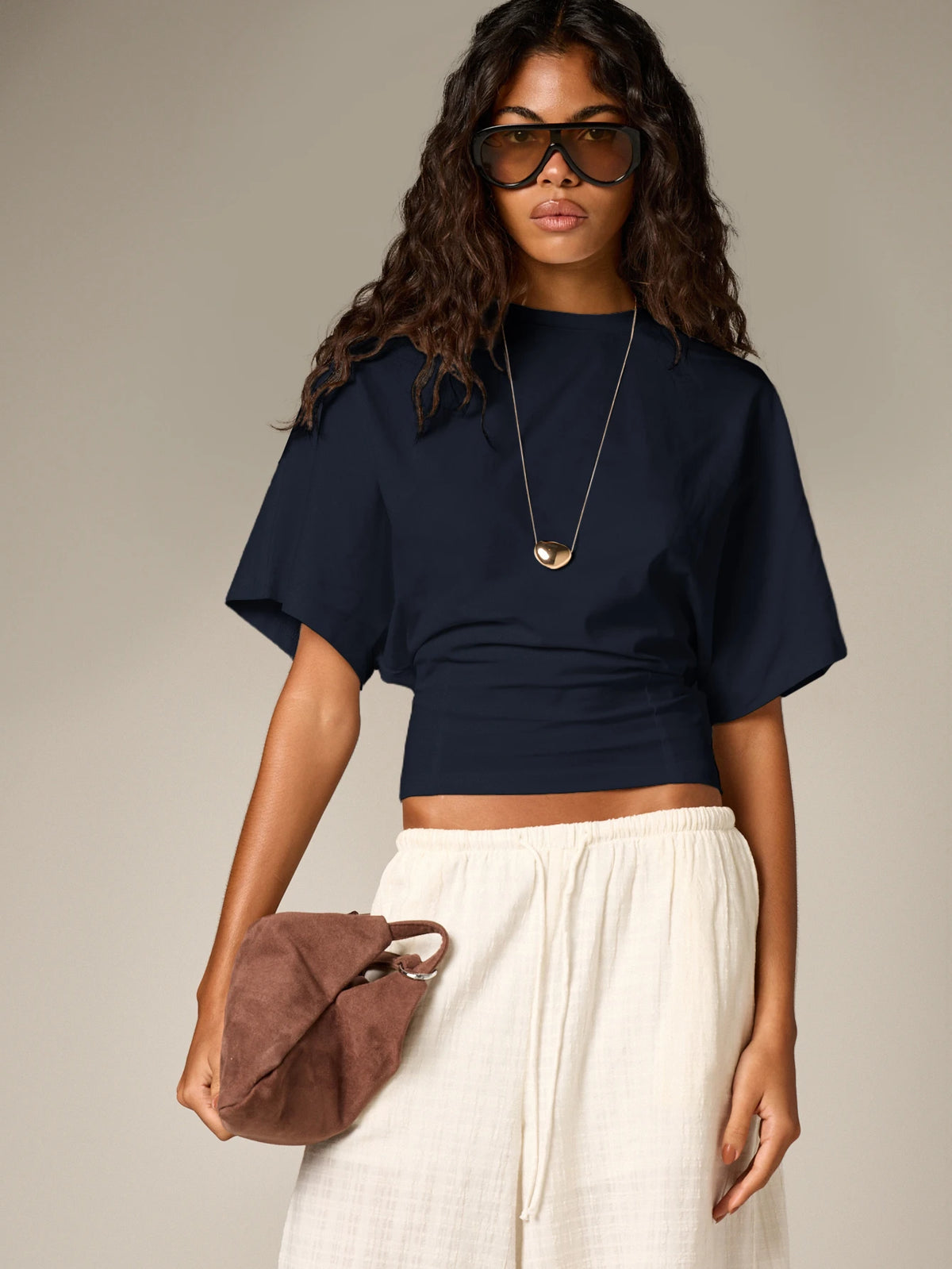 AiiRZ Ruched Cinched Crop T-Shirt With Short Flutter Sleeves And Round Neckline Casual Summer Top