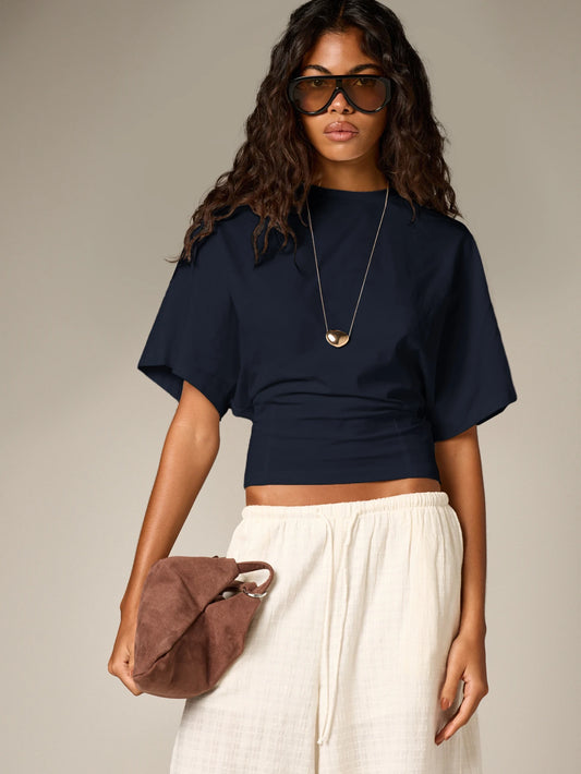AiiRZ Ruched Cinched Crop T-Shirt With Short Flutter Sleeves And Round Neckline Casual Summer Top