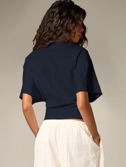 AiiRZ Ruched Cinched Crop T-Shirt With Short Flutter Sleeves And Round Neckline Casual Summer Top