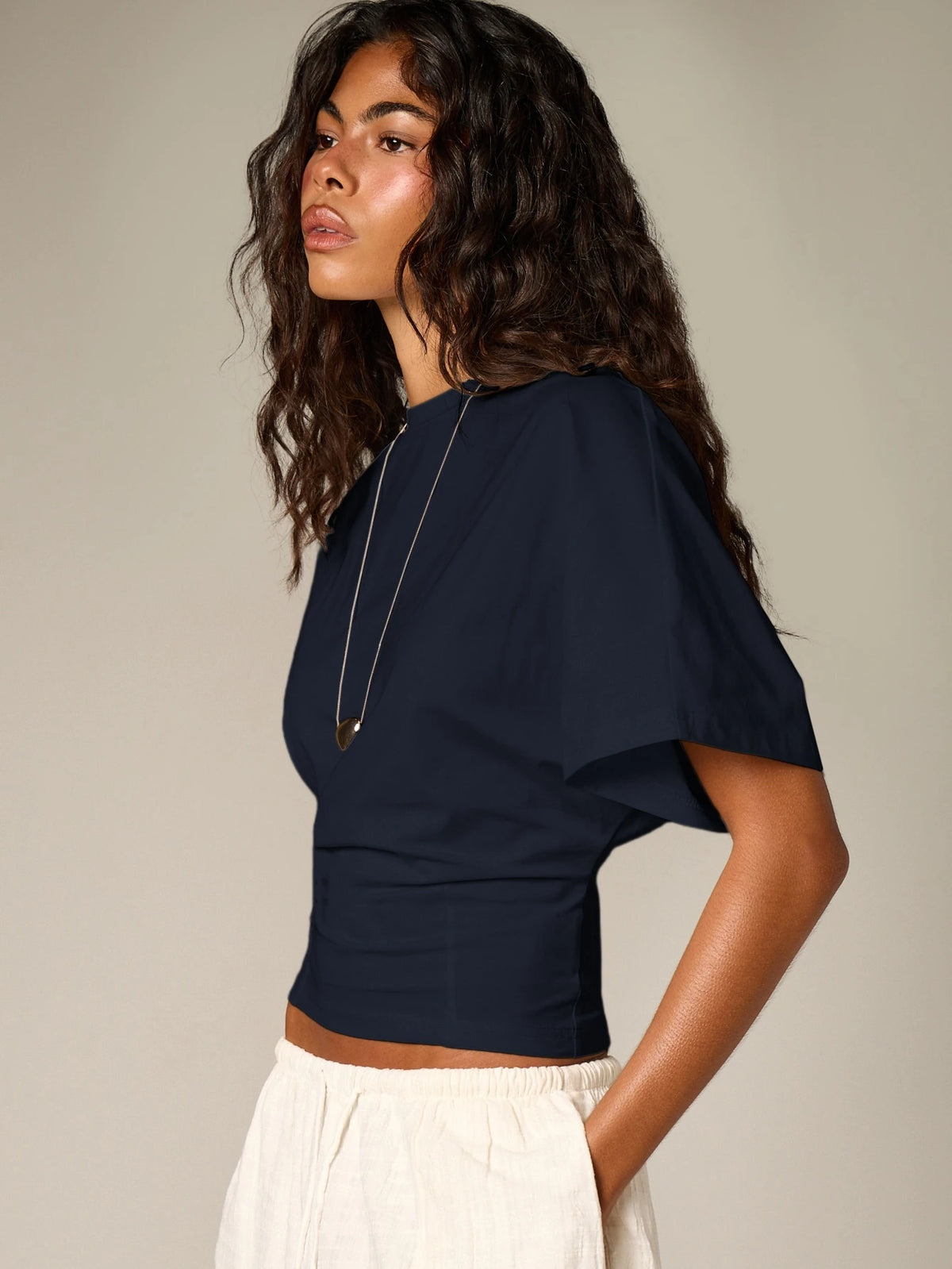 AiiRZ Ruched Cinched Crop T-Shirt With Short Flutter Sleeves And Round Neckline Casual Summer Top
