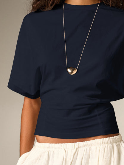 AiiRZ Ruched Cinched Crop T-Shirt With Short Flutter Sleeves And Round Neckline Casual Summer Top