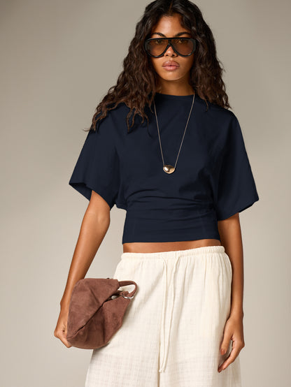 AiiRZ Ruched Cinched Crop T-Shirt With Short Flutter Sleeves And Round Neckline Casual Summer Top