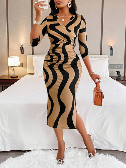 AIJ Amarilo Women's Fashion Wavy Print Wrap V-Neck Ruched Bodycon Midi Dress (Random Print) Elegant Vacation Black Spring