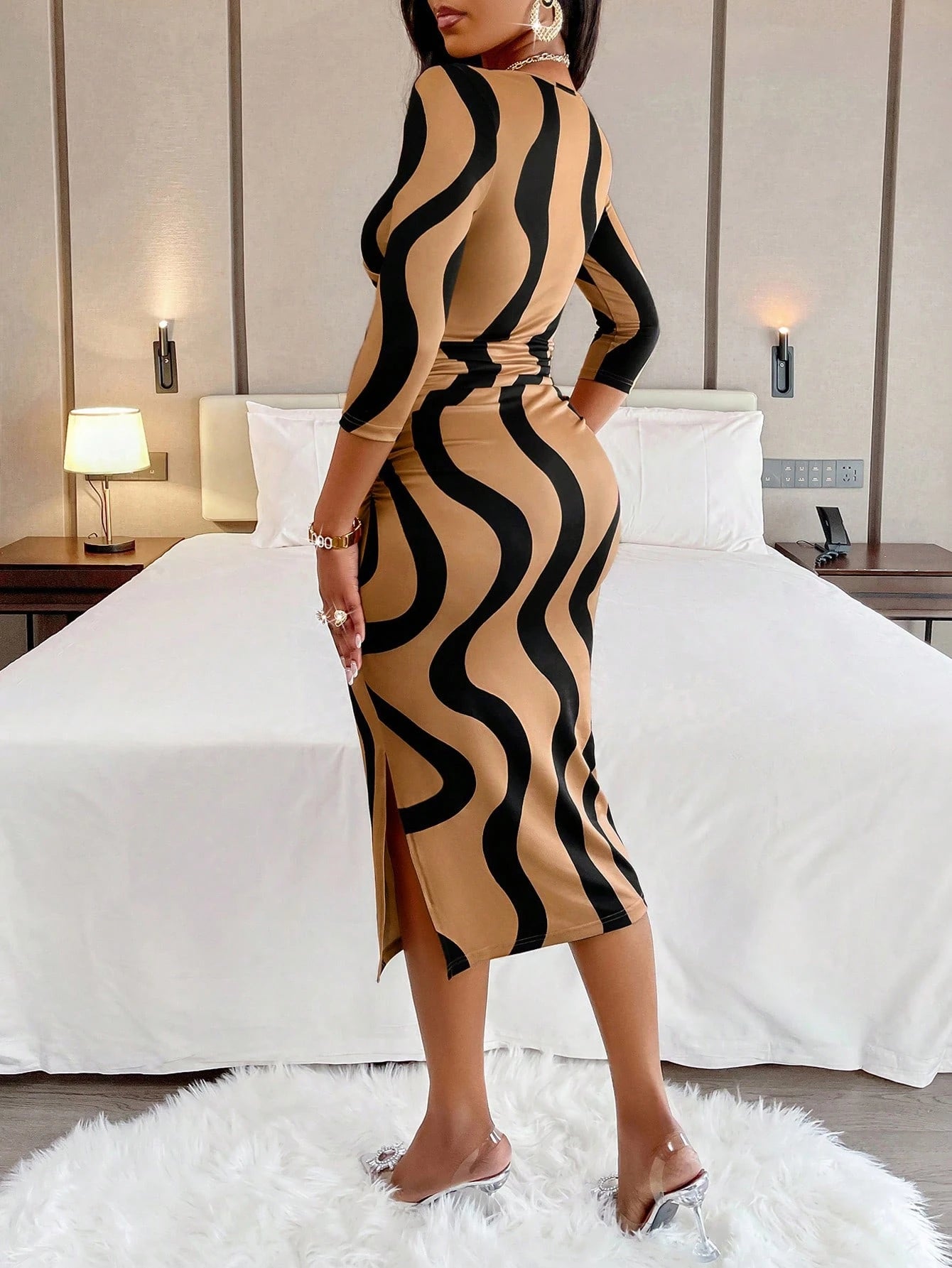 AIJ Amarilo Women's Fashion Wavy Print Wrap V-Neck Ruched Bodycon Midi Dress (Random Print) Elegant Vacation Black Spring