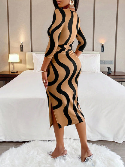 AIJ Amarilo Women's Fashion Wavy Print Wrap V-Neck Ruched Bodycon Midi Dress (Random Print) Elegant Vacation Black Spring