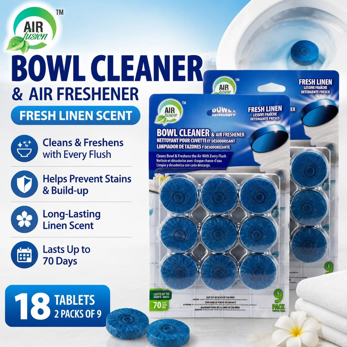 AIR FUSION 18-Pack Automatic Toilet Cleaning Tablets, 3-In-1 Formula For Stain & Odor Removal With Fresh Scent| Long-Lasting Toilet Bowl Cleaner