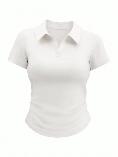 Airaco Women Casual Versatile Solid Color Ruched Short Sleeve T-Shirt, Spring Summer Top