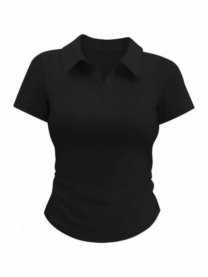 Airaco Women Casual Versatile Solid Color Ruched Short Sleeve T-Shirt, Spring Summer Top
