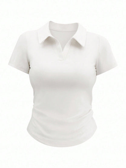 Airaco Women Casual Versatile Solid Color Ruched Short Sleeve T-Shirt, Spring Summer Top