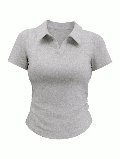 Airaco Women's Solid Color Collared Short Sleeve Casual Ruched T-Shirt