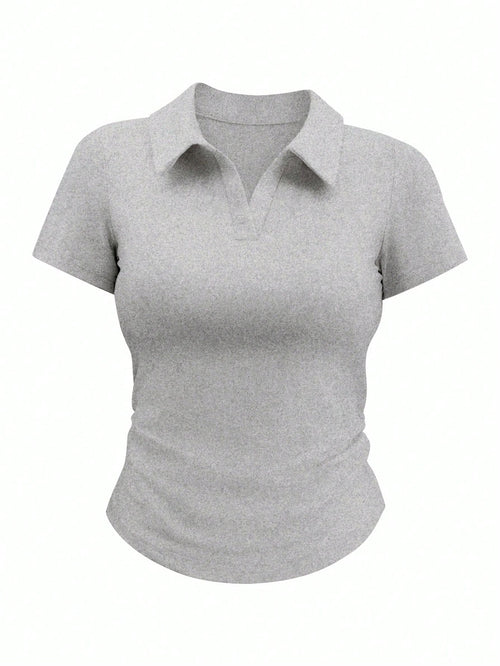 Airaco Women's Solid Color Collared Short Sleeve Casual Ruched T-Shirt